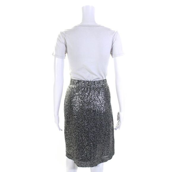 Tahari Womens Embroidered Sequined Back Zipped Slip-On Midi Skirt Silver Size M - Picture 3 of 6